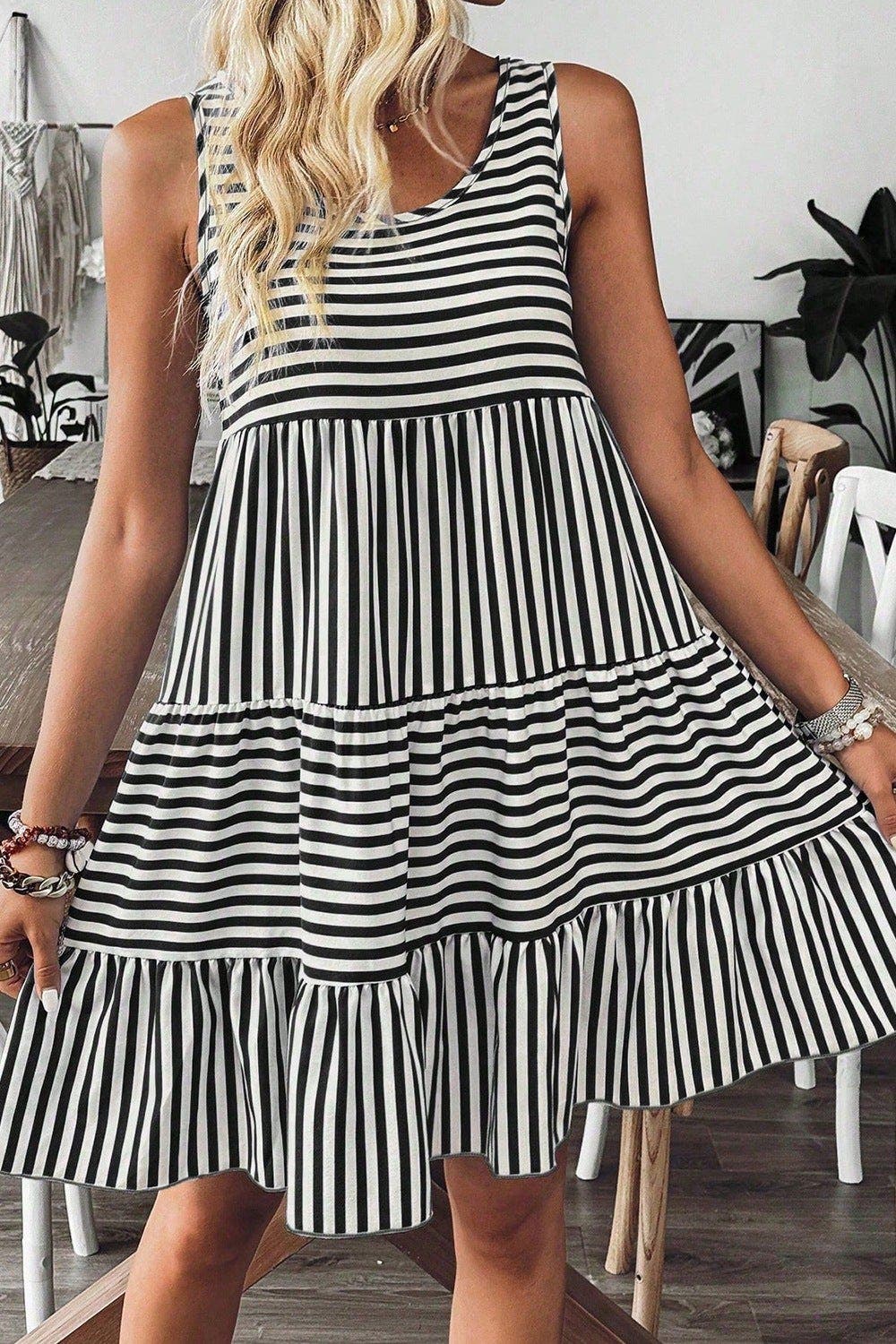 Striped Round Neck Sleeveless Mini Dress
