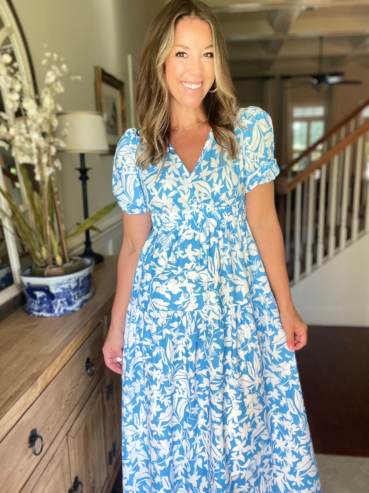 Floral V Neck Puff Short Sleeve Flowy Dress