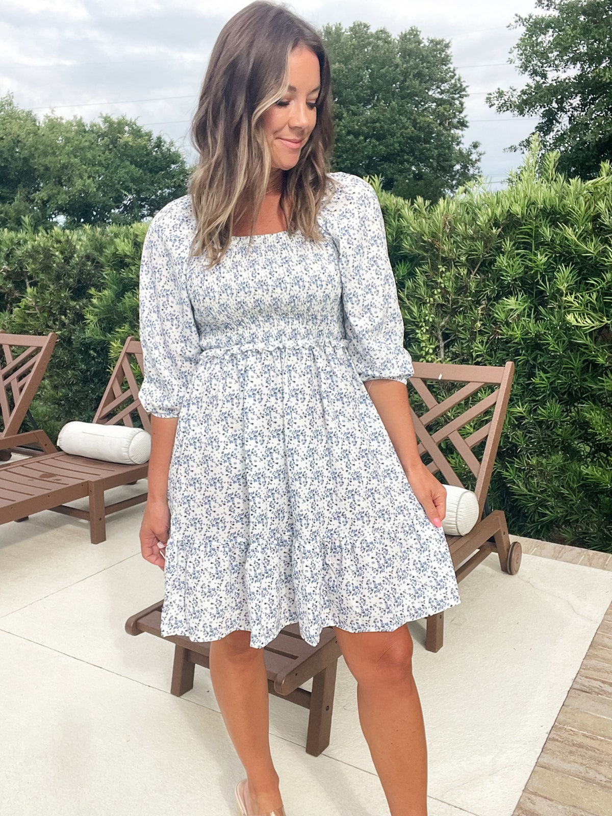 Smocked Floral Square Neck Dress