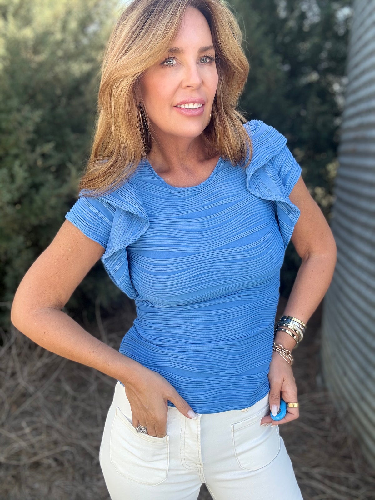 Textured Round Neck Cap Sleeve Top