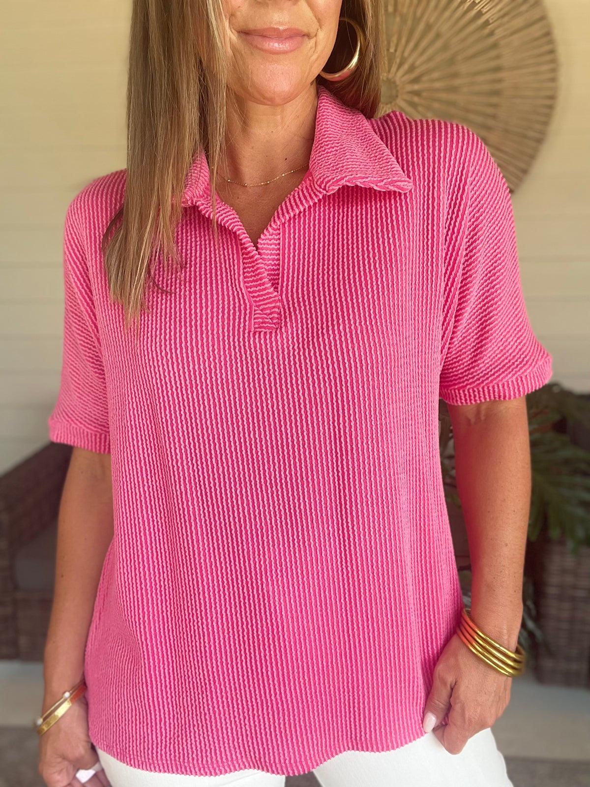 BOMBOM Ribbed Collared Neck Top