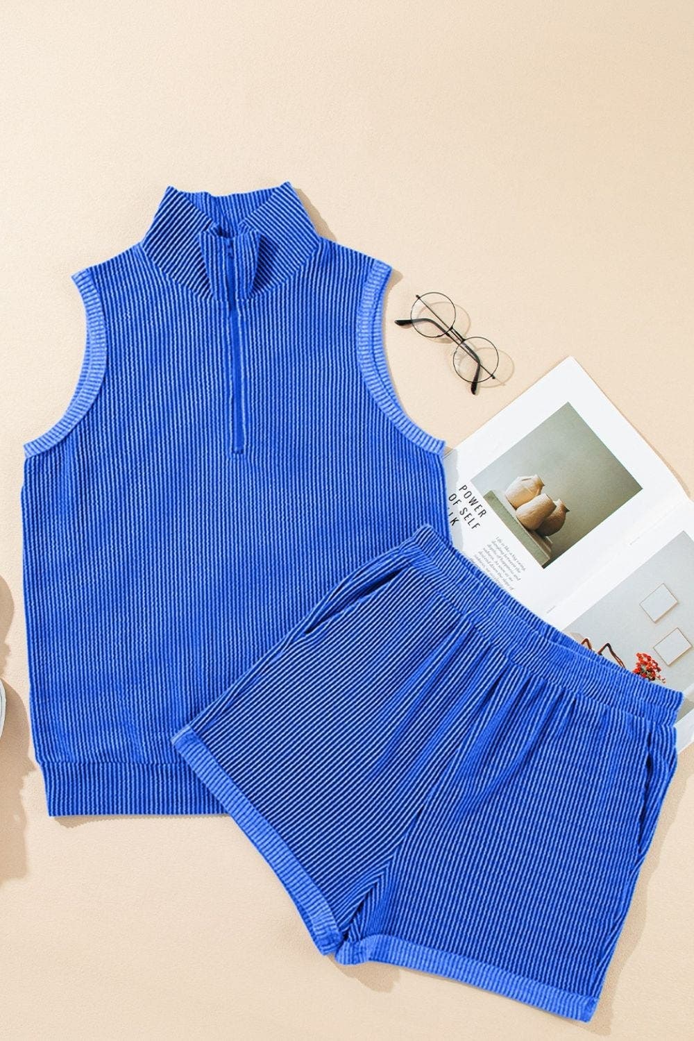 Corded Collared Half Zip Tank and Shorts Set