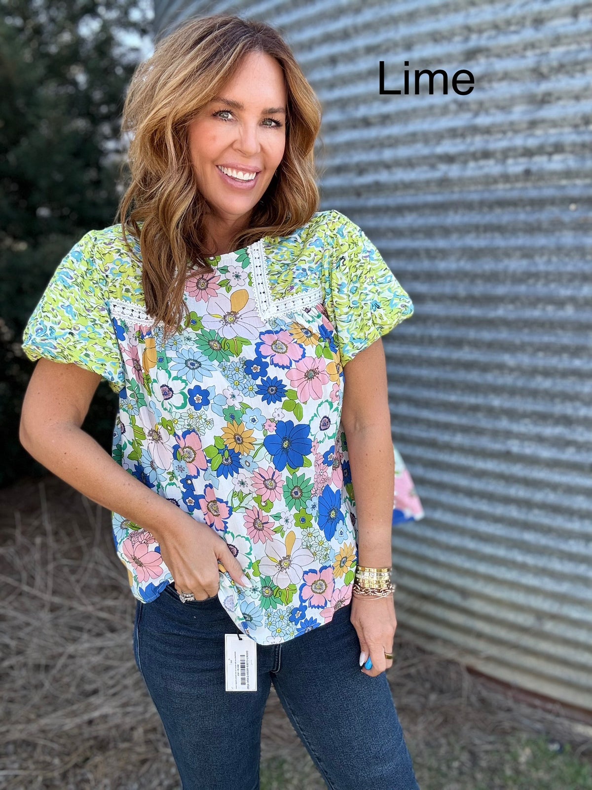 Printed Round Neck Puff Sleeve Blouse