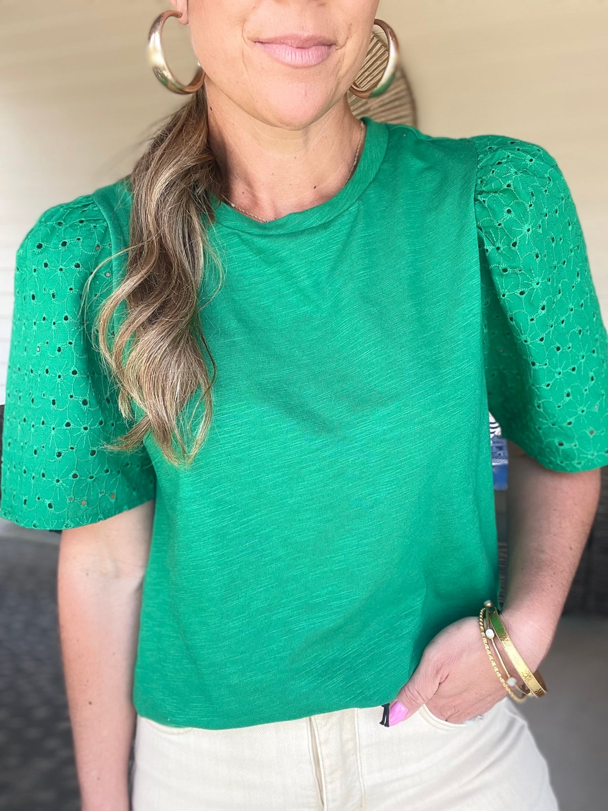 Eyelet Embroidered Patchwork Top