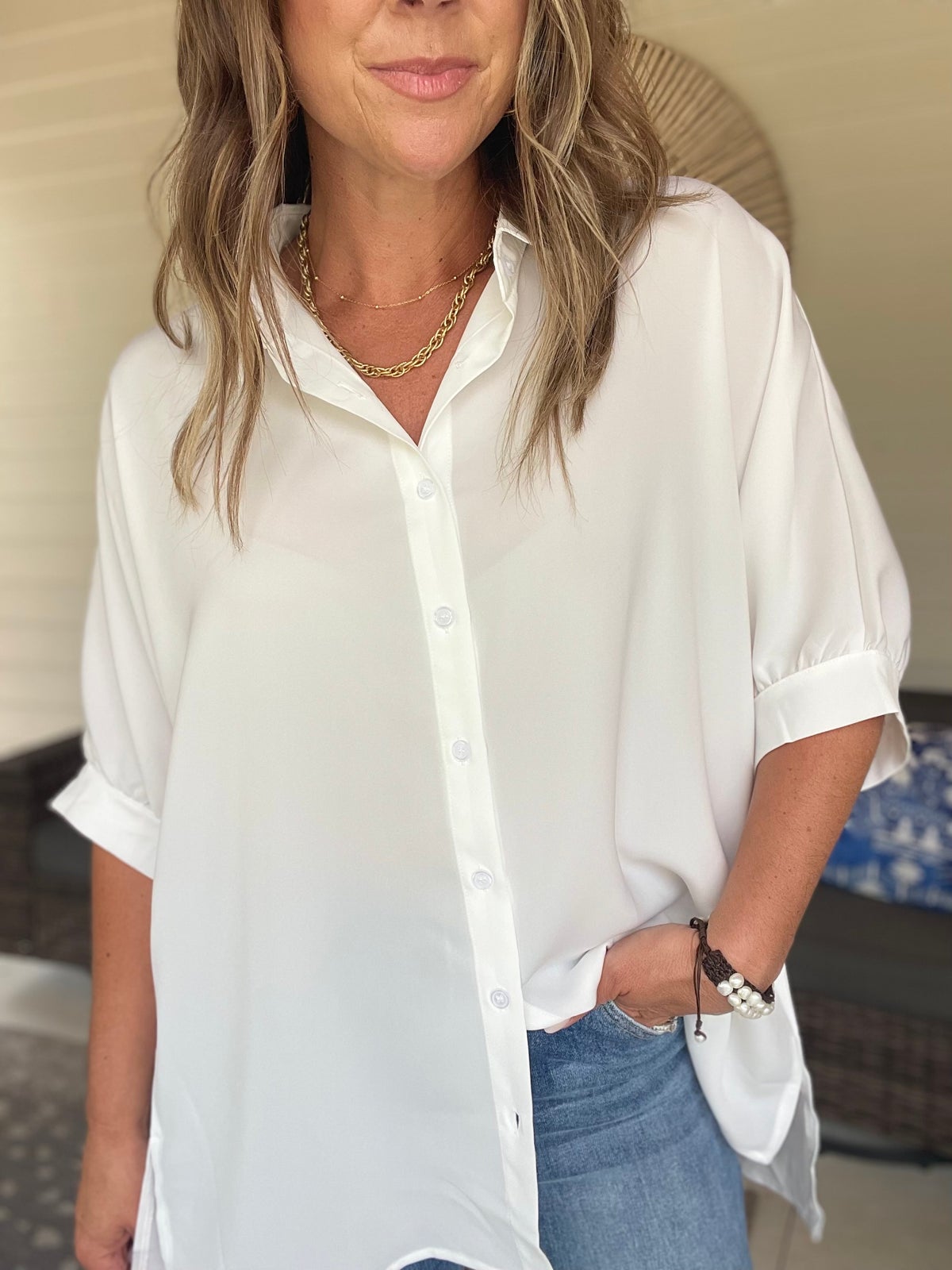 Collared Neck Three-Quarter Sleeve Shirt