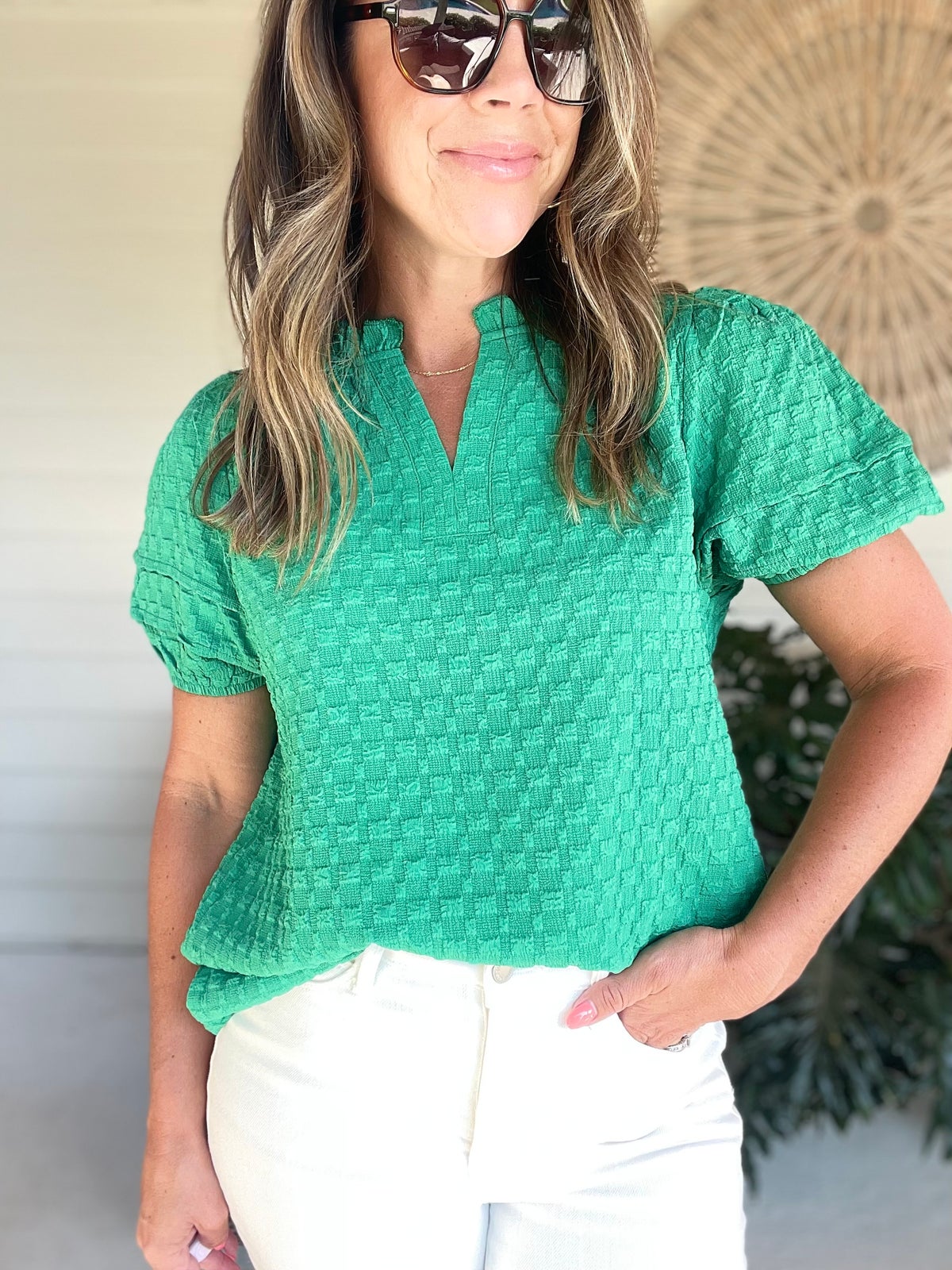 Textured Puff Short Sleeve Notched Top