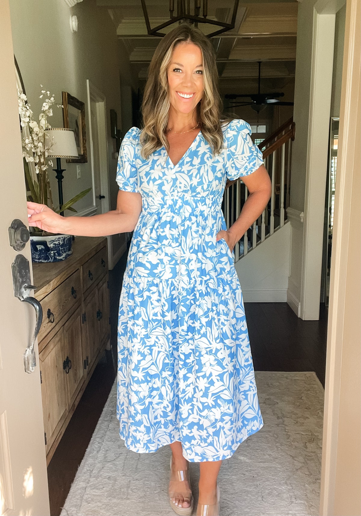 Floral V Neck Puff Short Sleeve Flowy Dress