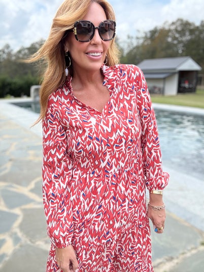 Printed Notched Long Sleeve Dress