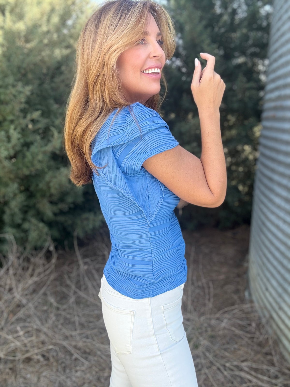 Textured Round Neck Cap Sleeve Top