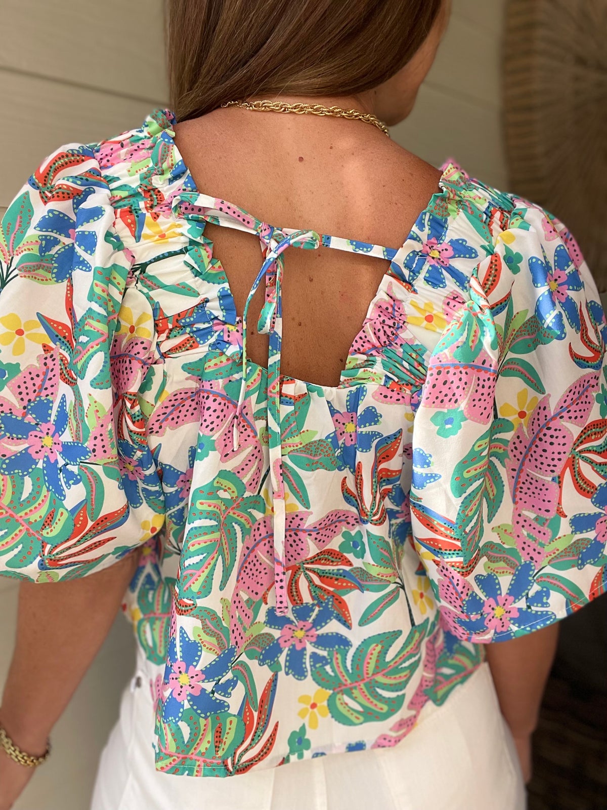 Plant Print Loose Fit Puff Sleeve Square Neck Blouse