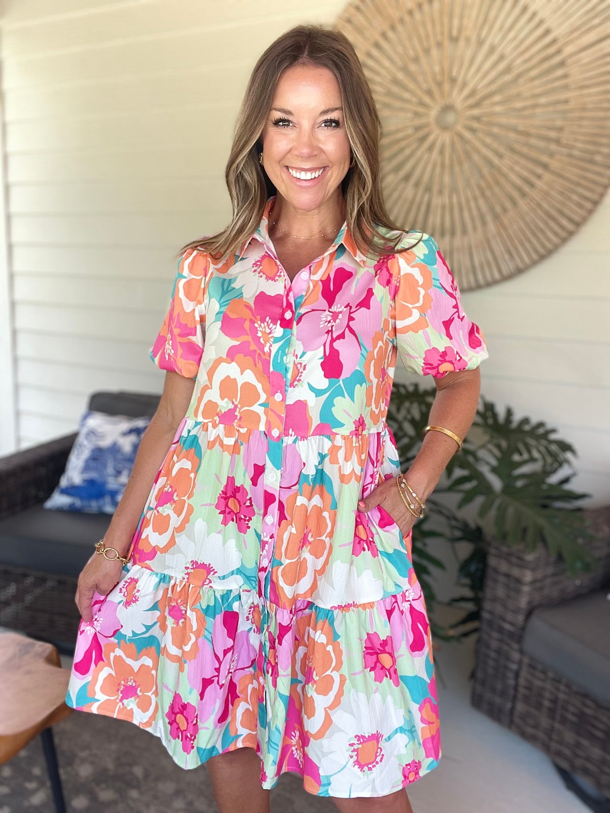 Button Down Floral Puff Sleeve Babydoll Dress