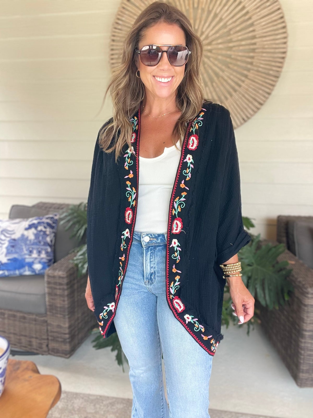 Umgee Embroidery Open Front Kimono with Pleated Shoulder Detail