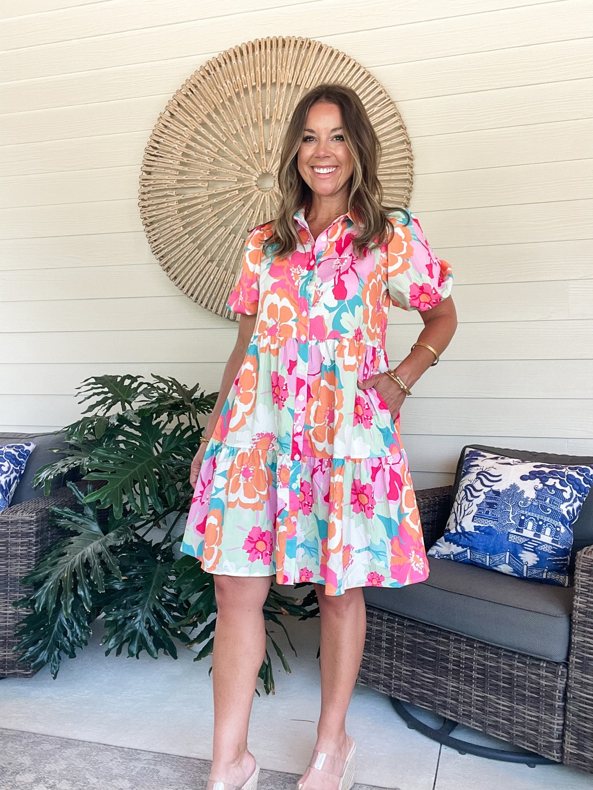 Button Down Floral Puff Sleeve Babydoll Dress