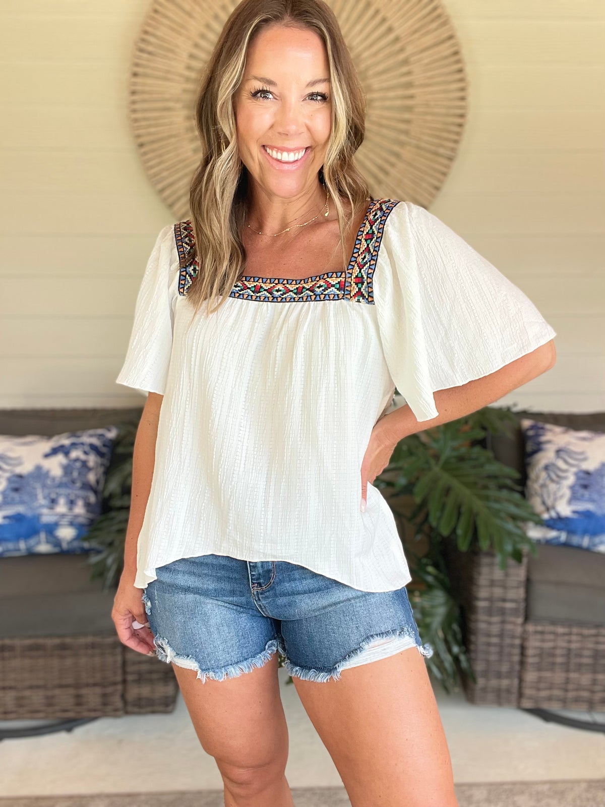 Contrast Square Neck Flutter Sleeve Blouse
