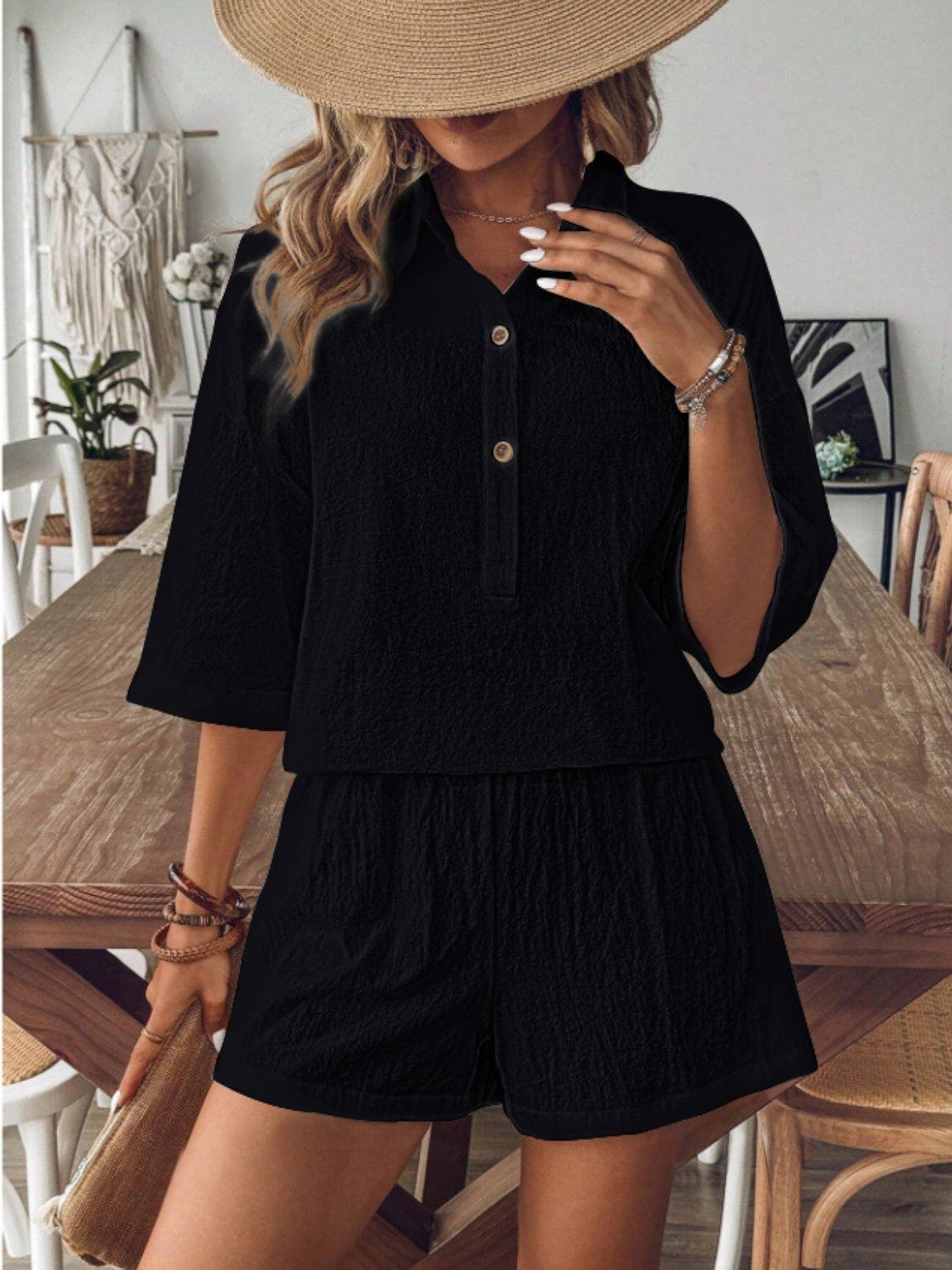 Collared Neck Half Sleeve Top and Shorts Set