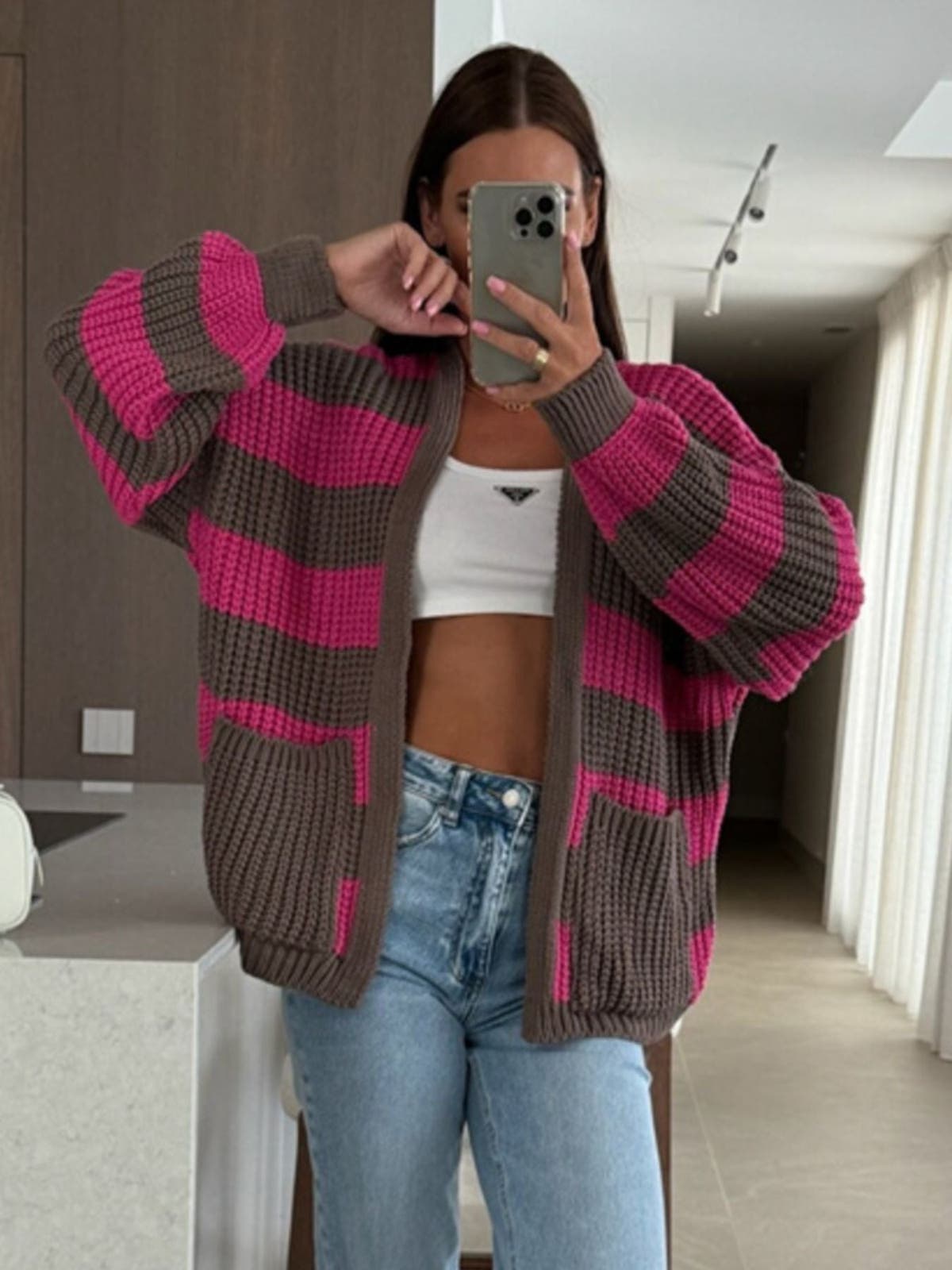 Striped Open Front Long Sleeve Cardigan