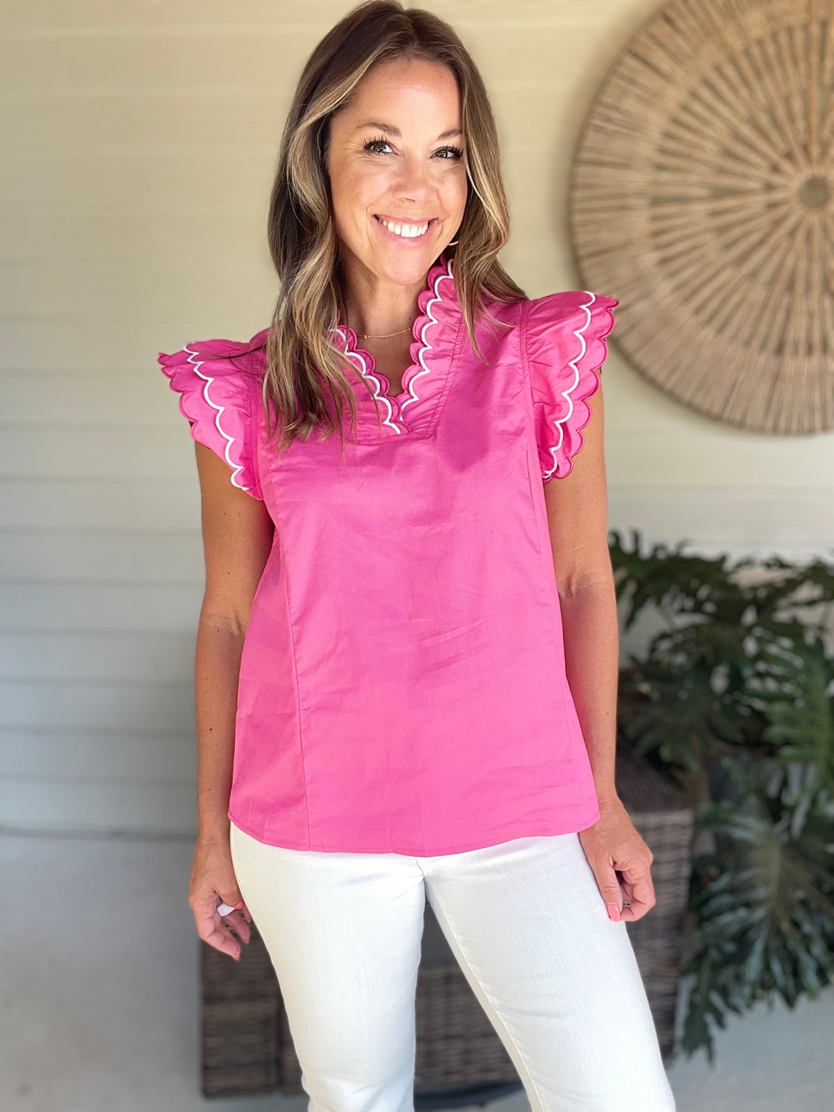 Contrast Scallop Trim Layered Short Sleeve V Neck Blouse