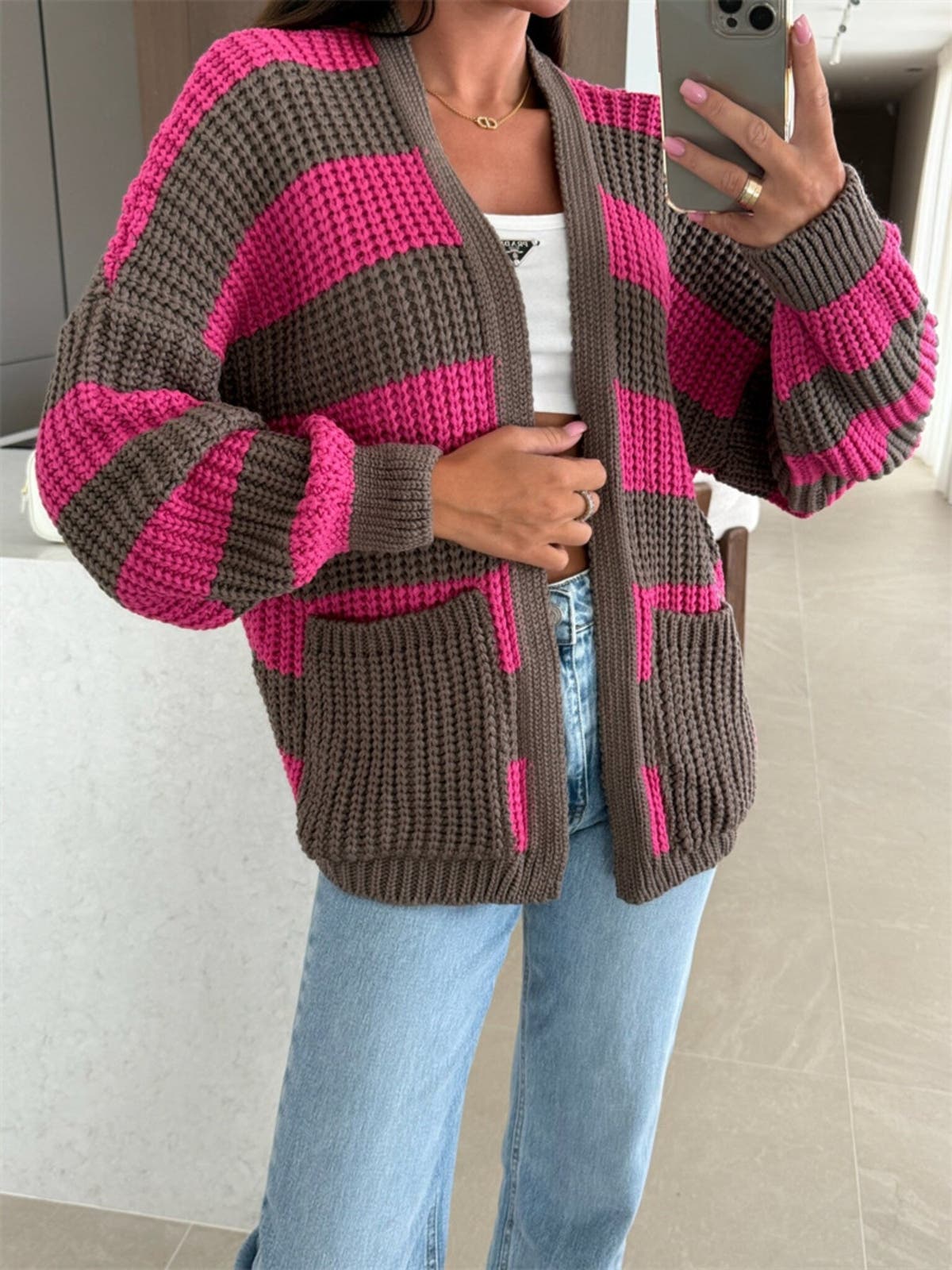 Striped Open Front Long Sleeve Cardigan