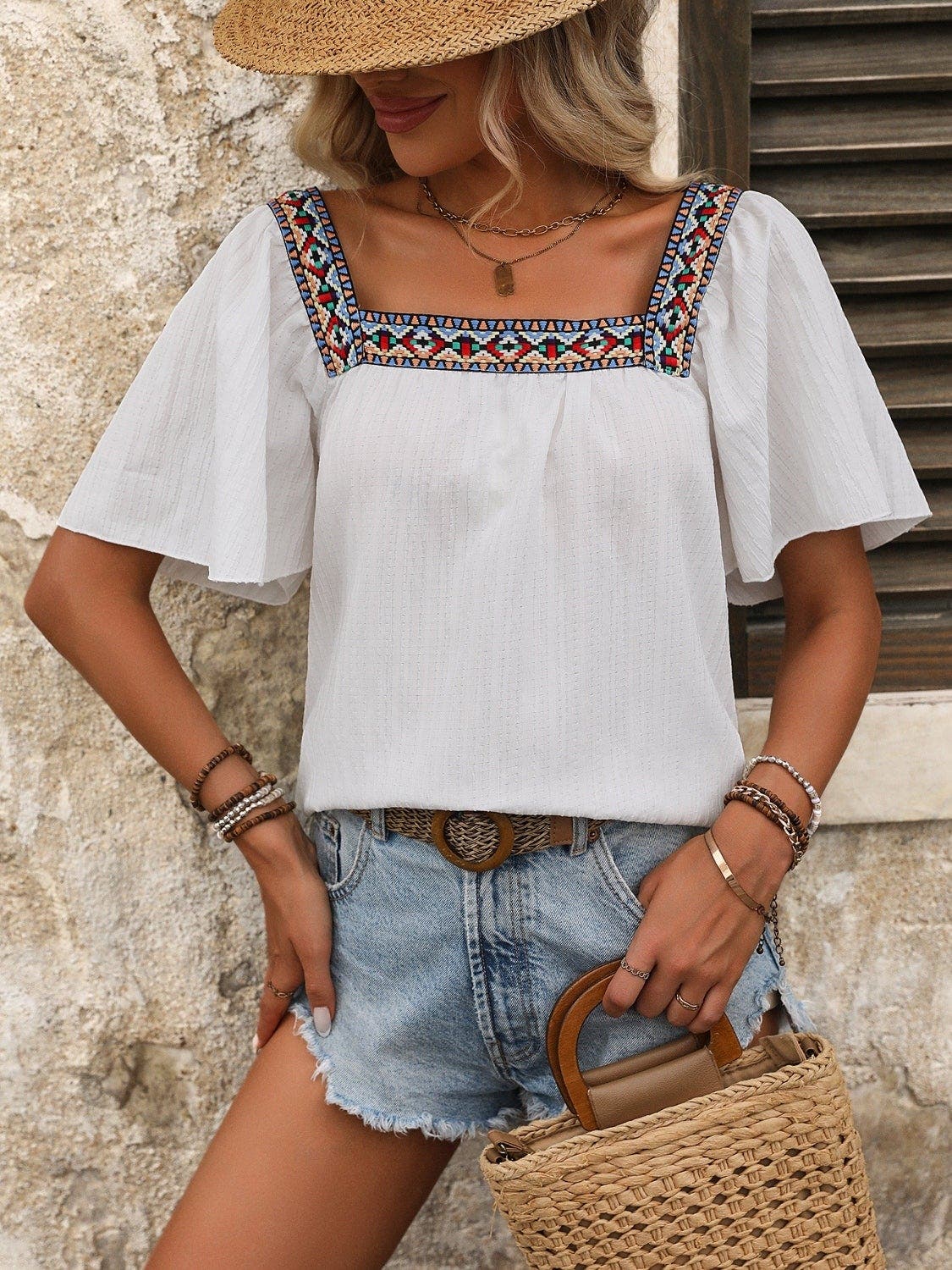 Contrast Square Neck Flutter Sleeve Blouse