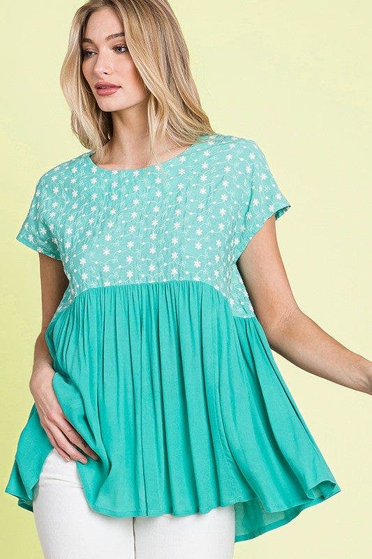 Lime 'N' Chili Full Size Embroidered Short Sleeve Pleated Babydoll Top Plus Size