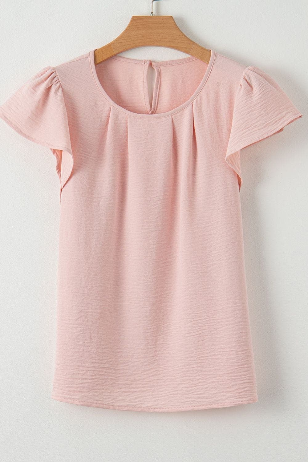 Solid Color Flounce Sleeve Pleated Round Neck Blouse