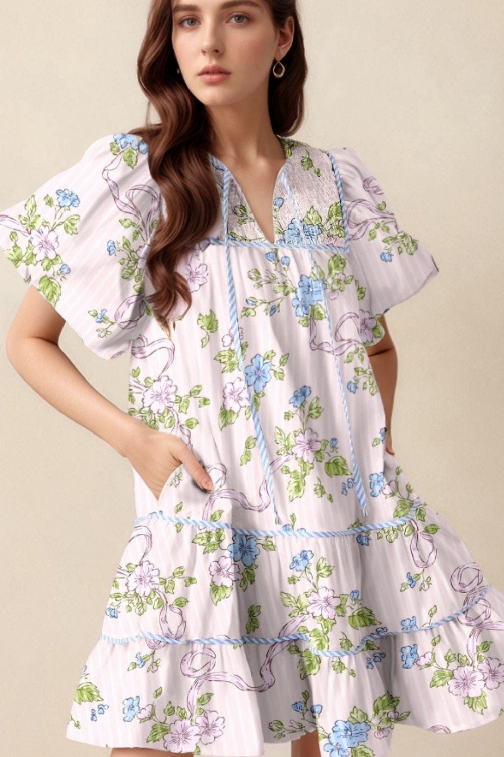 Printed Tie Neck Short Sleeve Mini Dress