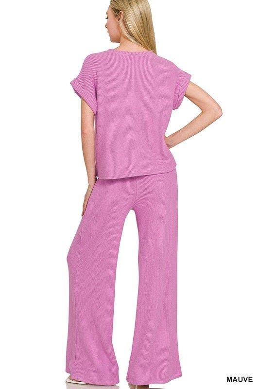 Zenana Rolled Sleeve Top and Pants Sweater Set