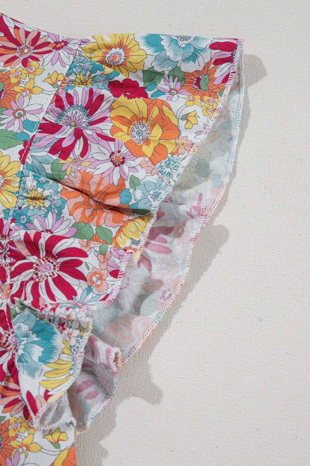 Multicolour Floral Pleated Detail Flutter Sleeve Blouse