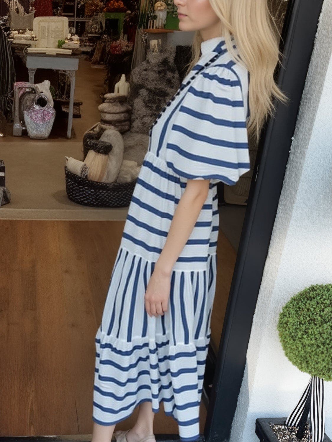 Striped Notched Puff Sleeve Midi Dress