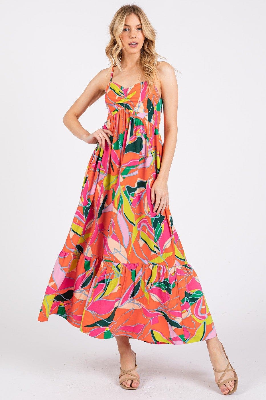 Mittoshop Multicolor Leaf Print Tie Back Maxi Dress
