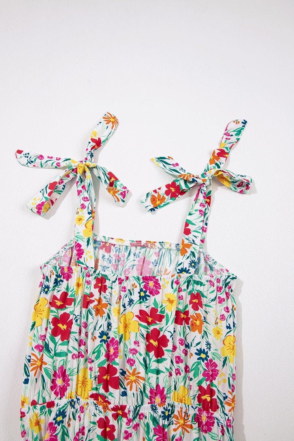 Floral Knotted Straps Cinched Waist Ruffle Hem Mini Dress