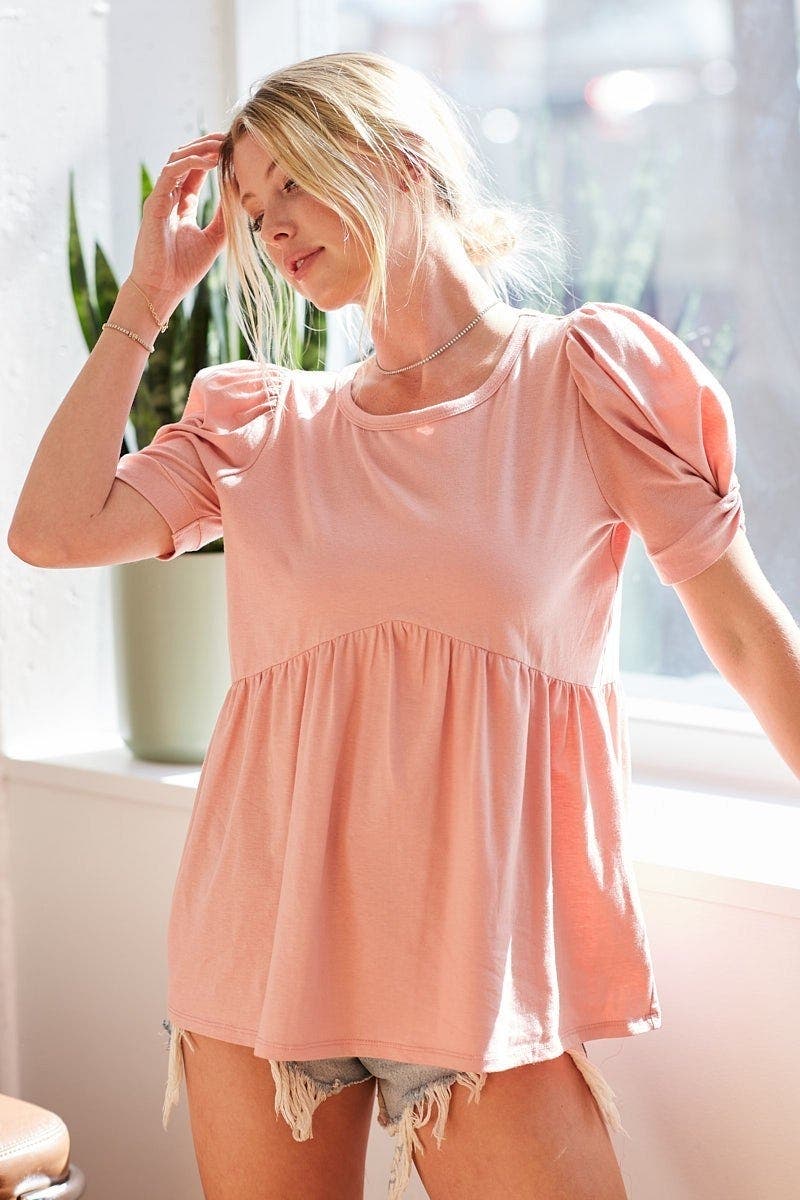 BiBi Cotton Span Knit with Puff Sleeve Baby Doll Top