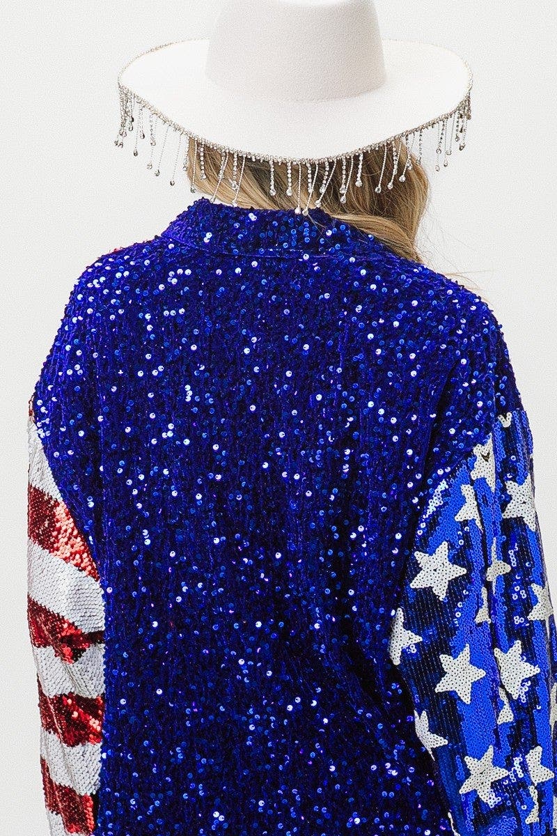 BiBi American Flag Sequin Snap Down Shirt