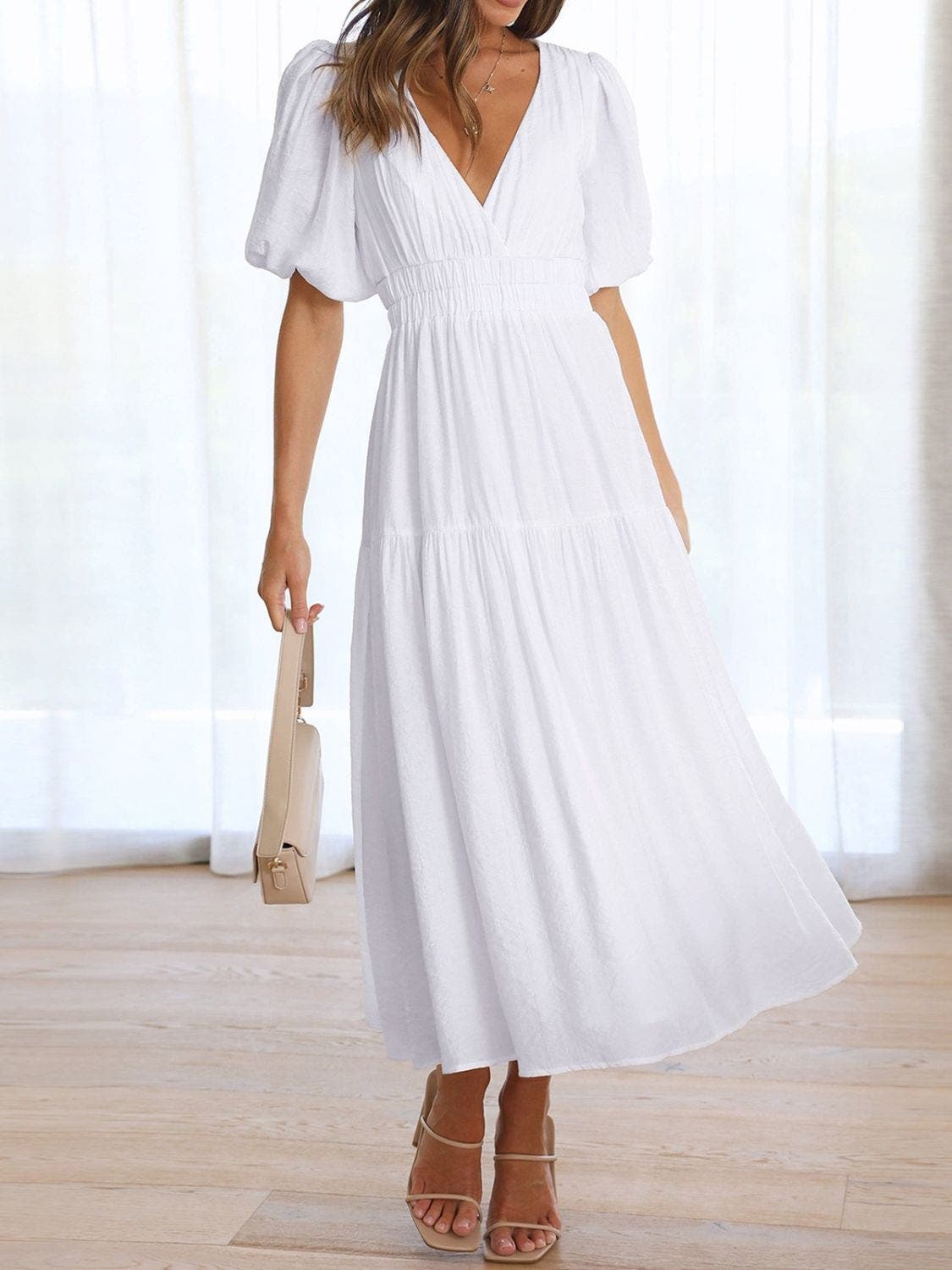 V-Neck Puff Sleeve Midi Dress