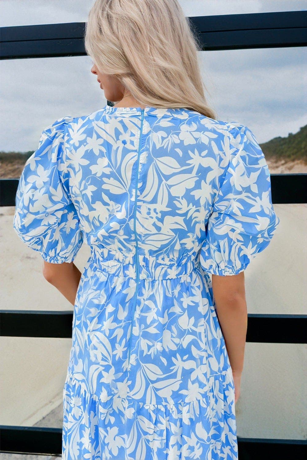 Floral V Neck Puff Short Sleeve Flowy Dress