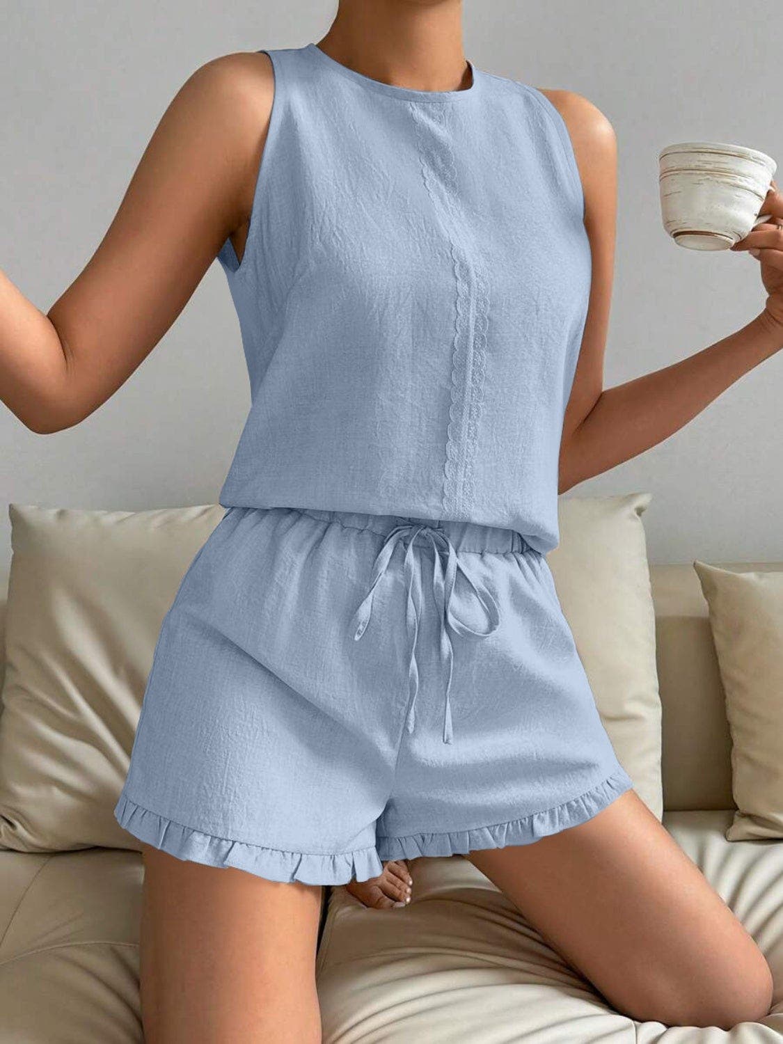 Lace Detail Round Neck Tank and Shorts Set