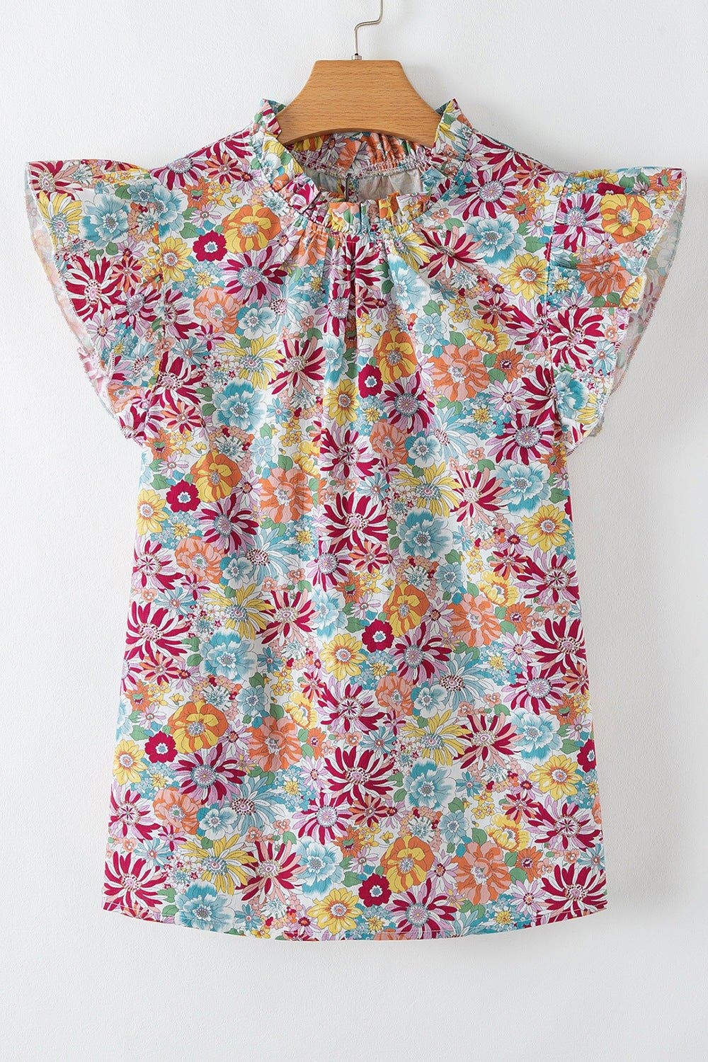 Multicolour Floral Pleated Detail Flutter Sleeve Blouse