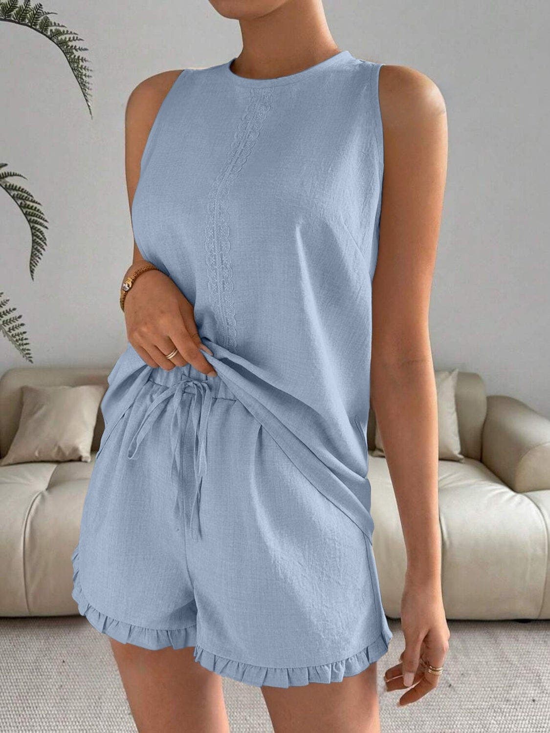 Lace Detail Round Neck Tank and Shorts Set