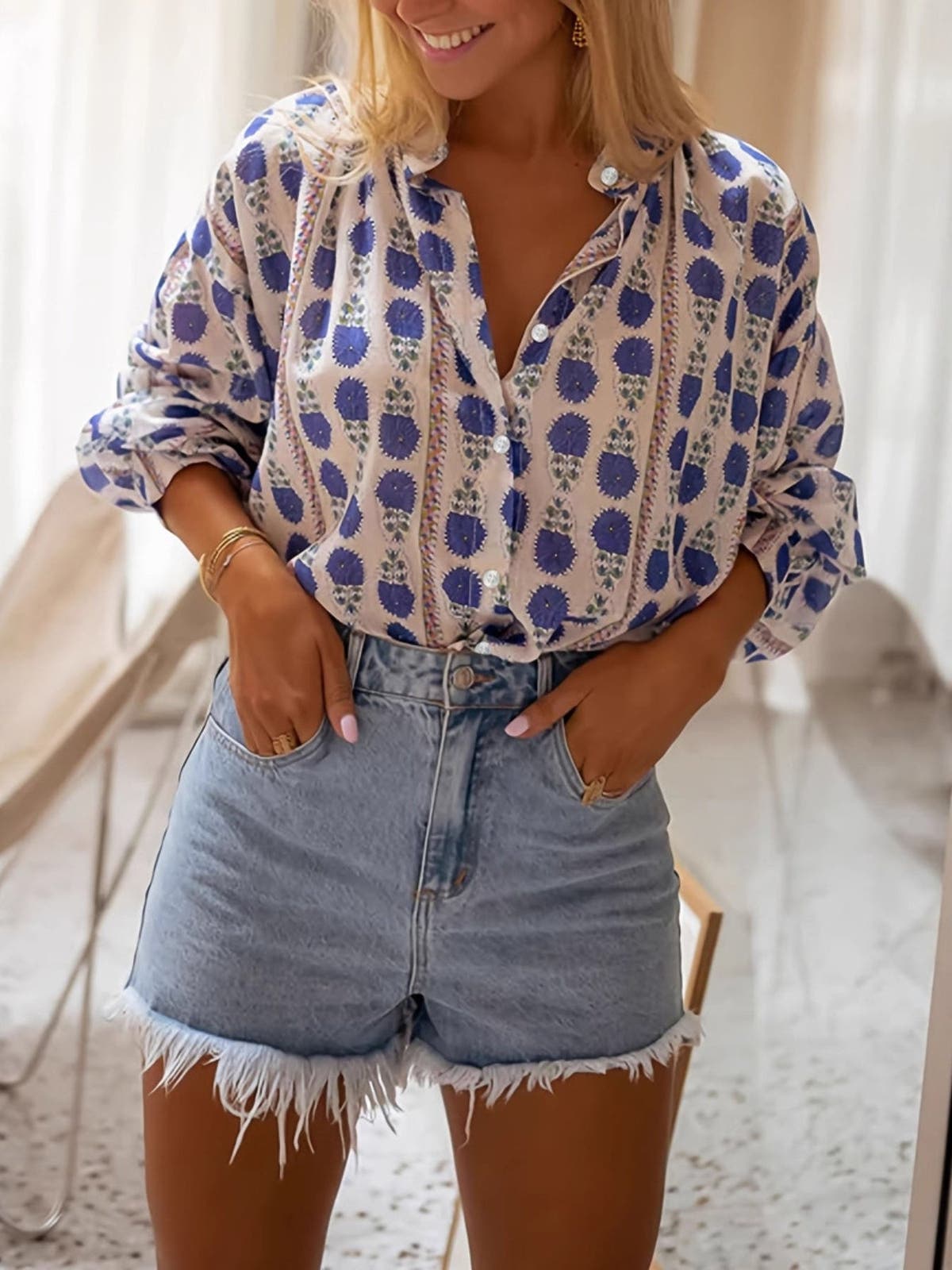 Printed Button Up Long Sleeve Shirt