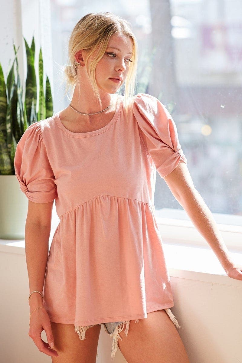 BiBi Cotton Span Knit with Puff Sleeve Baby Doll Top