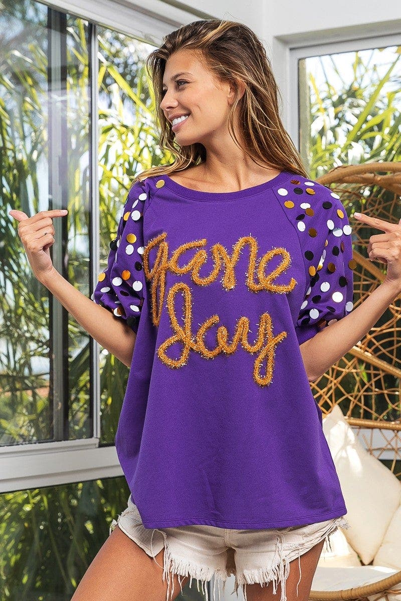 BiBi Game Day Metallic Letter Spangle Sleeve Top
