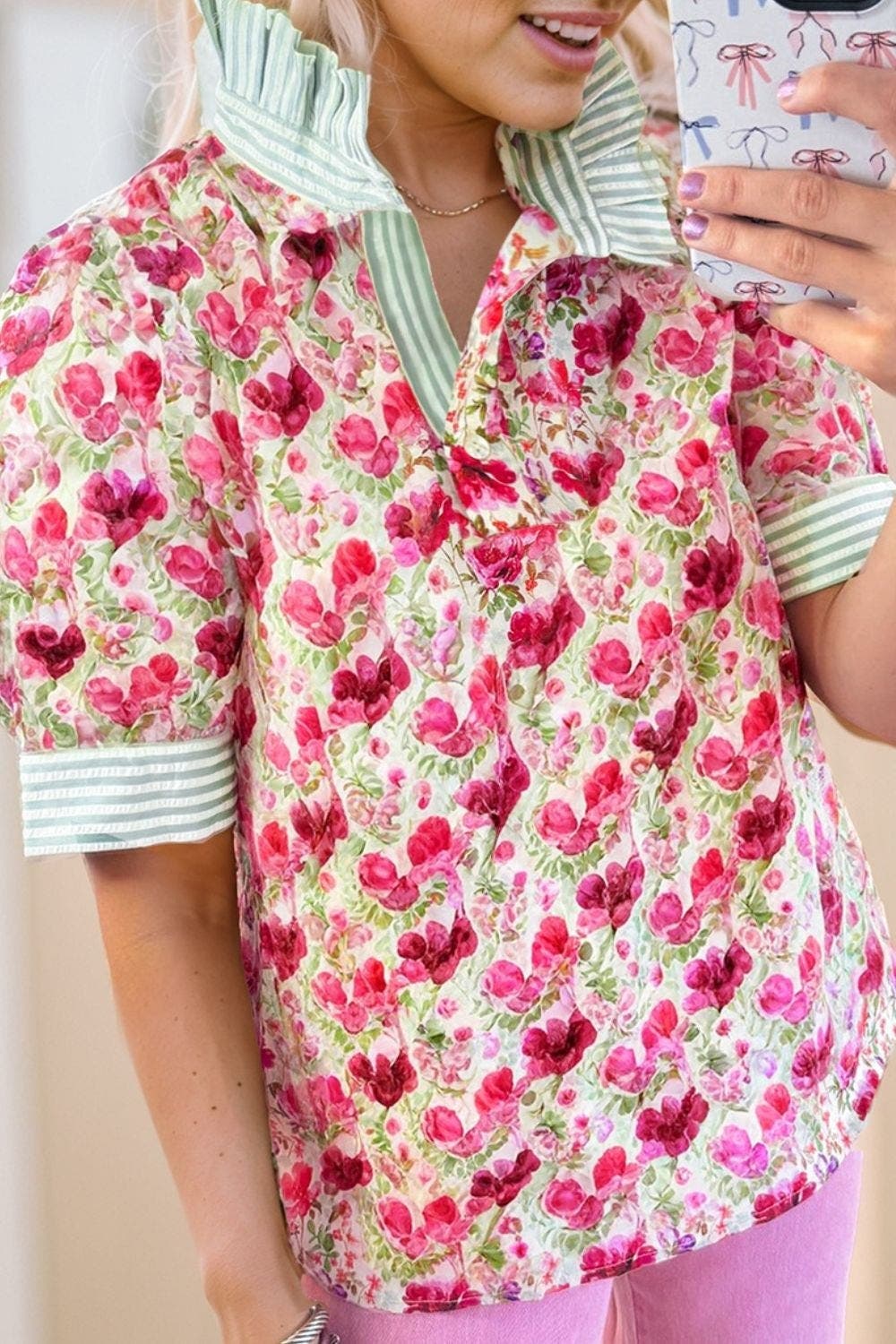 Printed Collared Neck Short Sleeve Blouse