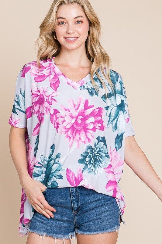 BOMBOM Floral V-Neck Short Sleeve T-Shirt