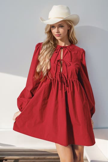 Product: Double Take Christmas Front Tied Long Sleeve Mini Dress
