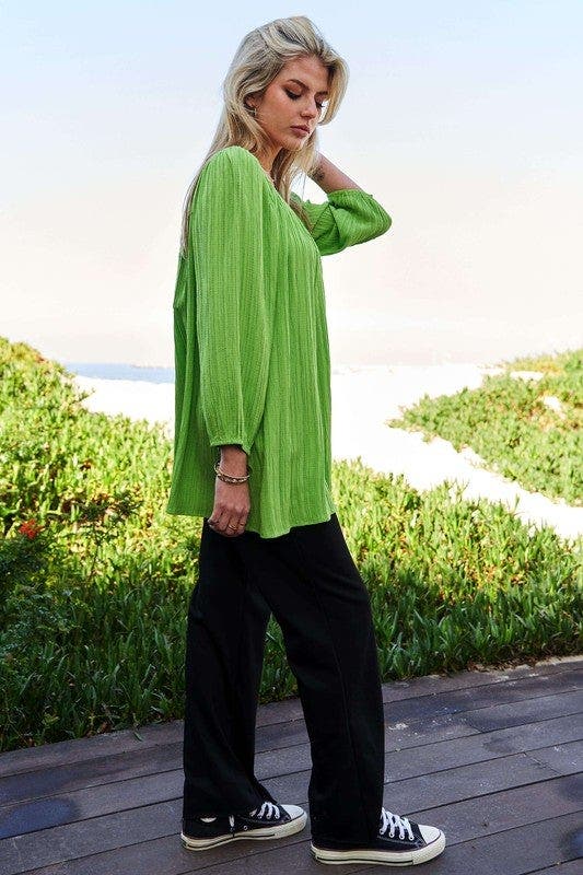 Davi & Dani Crinckled Texture Fabric Round Neck Swing Top