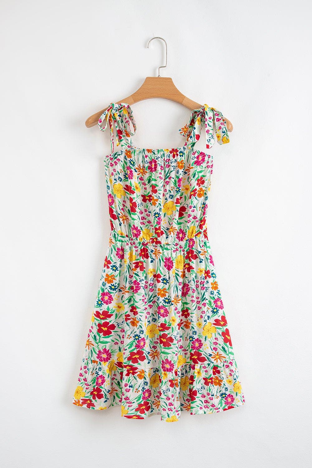 Floral Knotted Straps Cinched Waist Ruffle Hem Mini Dress