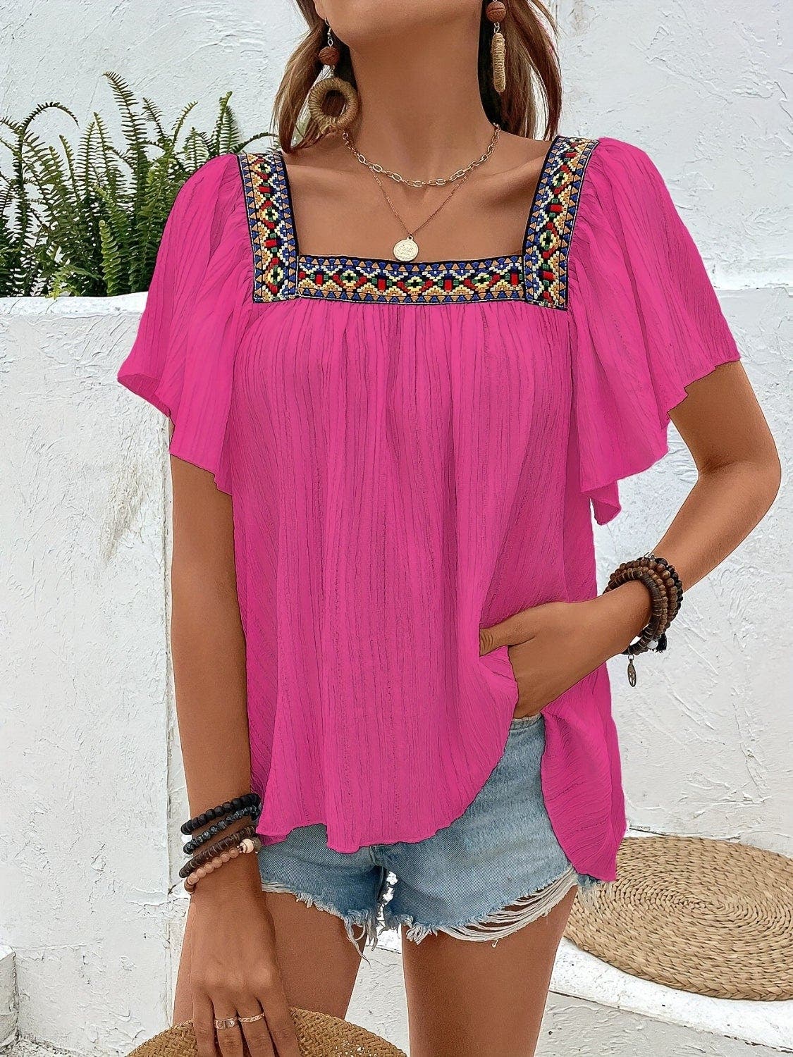 Contrast Square Neck Flutter Sleeve Blouse
