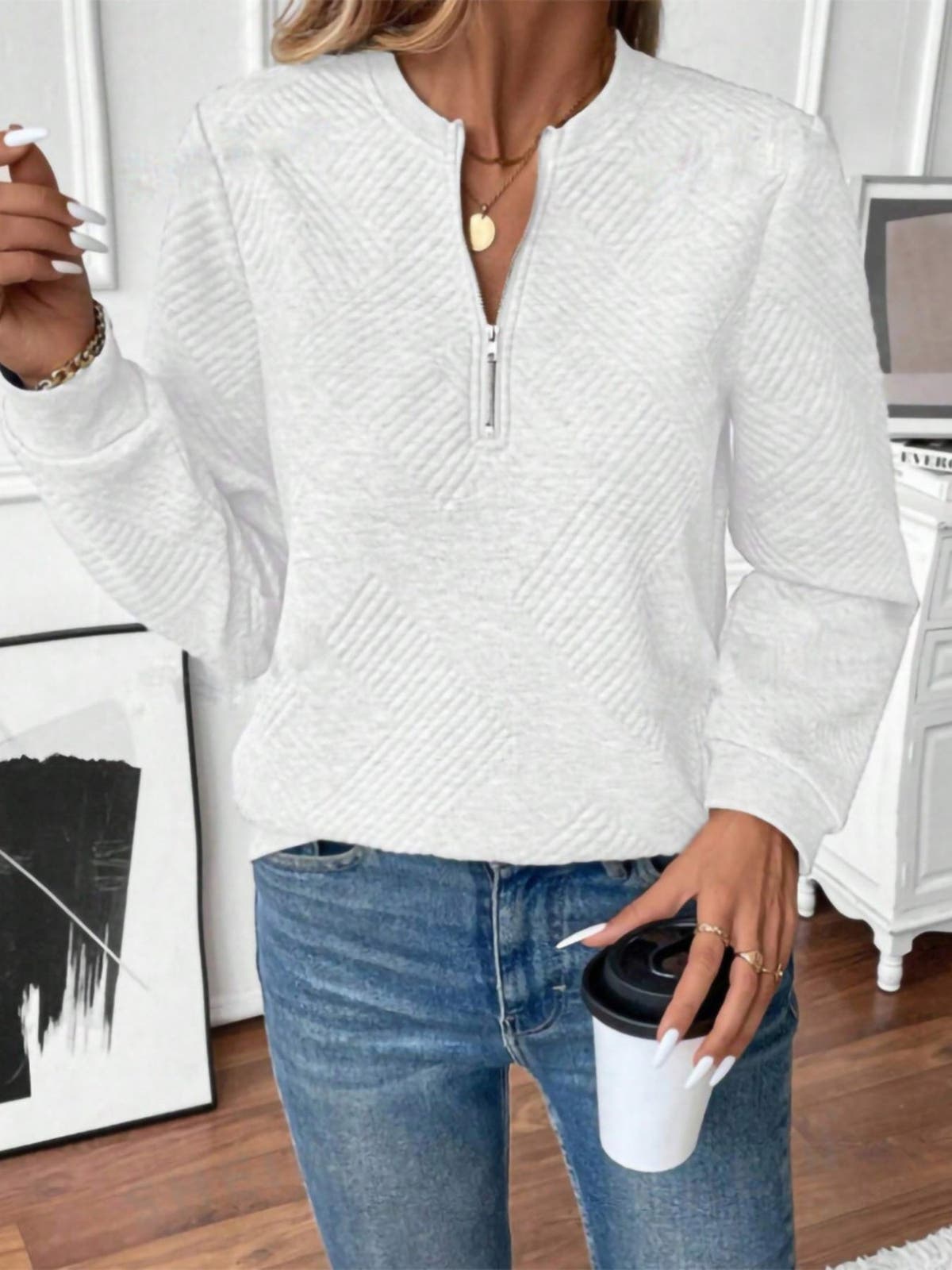 Quarter Zip Textured Long Sleeve Sweatshirt
