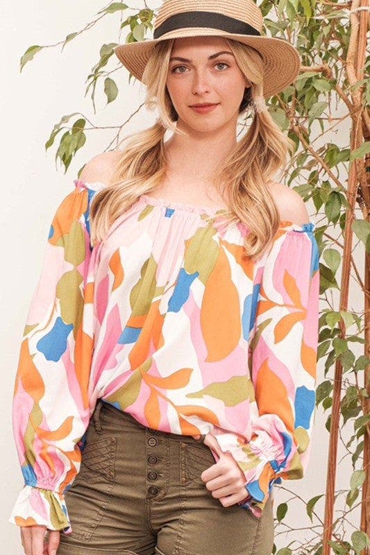 Lime 'N' Chili Abstract Print Off-the-shoulder Long Sleeve Top