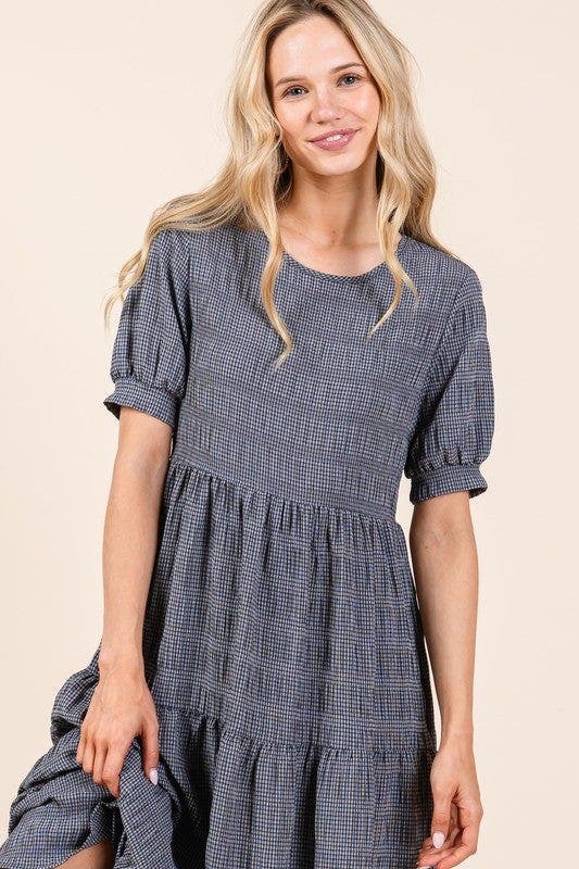 BOMBOM Textured Short Sleeve Tiered Dress